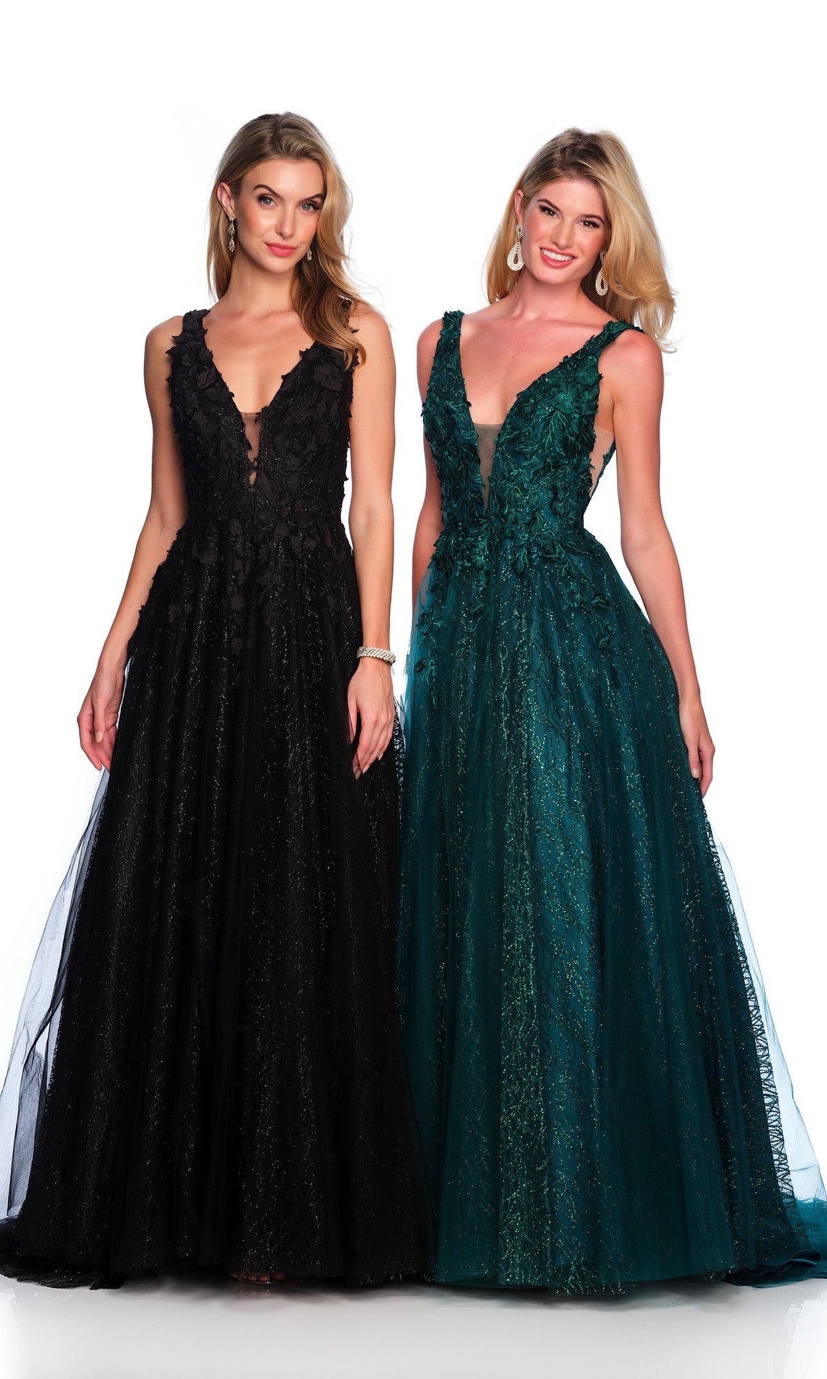 Two women wear the Long Formal Dress A10288 by Dave and Johnny—one in black, one in dark green—both featuring floral appliqués, a plunging v-neckline, sheer illusion sides, and a floor-length A-line ball gown style.